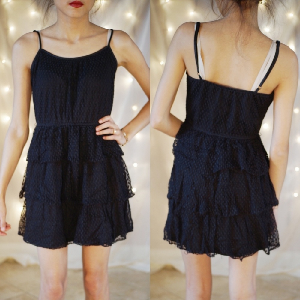 Spaghetti strap 3 tier lace mini black dress